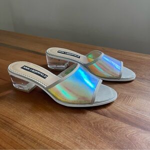 NWOT Karl Lagerfeld Unworn "Faita" Iridescent Slides Mules Lucite Block Heel 6.5